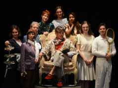 Isabel Cade as Martine, Lea Antolini as Arista, David Cantor as Chrysale, Amy Griffin as Belise, Sandy York as Philamente, Nadia Denise Brown as Armande, Lizzie Engleberth as Henriette, Nick Bettens as Vadius, Christopher John Young as Lycandre and David Edwards as Trissotin in the CSC production of The Learned Ladies